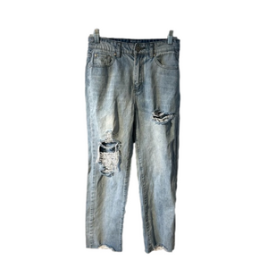 GOGO JEANS Womens Light Blue Distressed Pocketed Button Raw Hem High Wai…